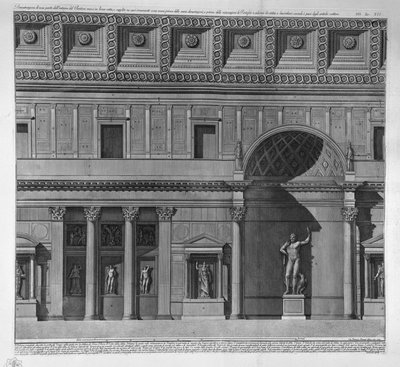 Demonstration of a part of the interior of the Pantheon set in a straight line, and supplemented in its ornaments as they were before the various devastations, and before the restorations of the Pontiffs and adorned with statues and bas-reliefs according t by Francesco Piranesi